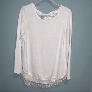 Lauren Conrad Women’s White Sparkle Longsleeve Top With Lace Trim And Tie Back